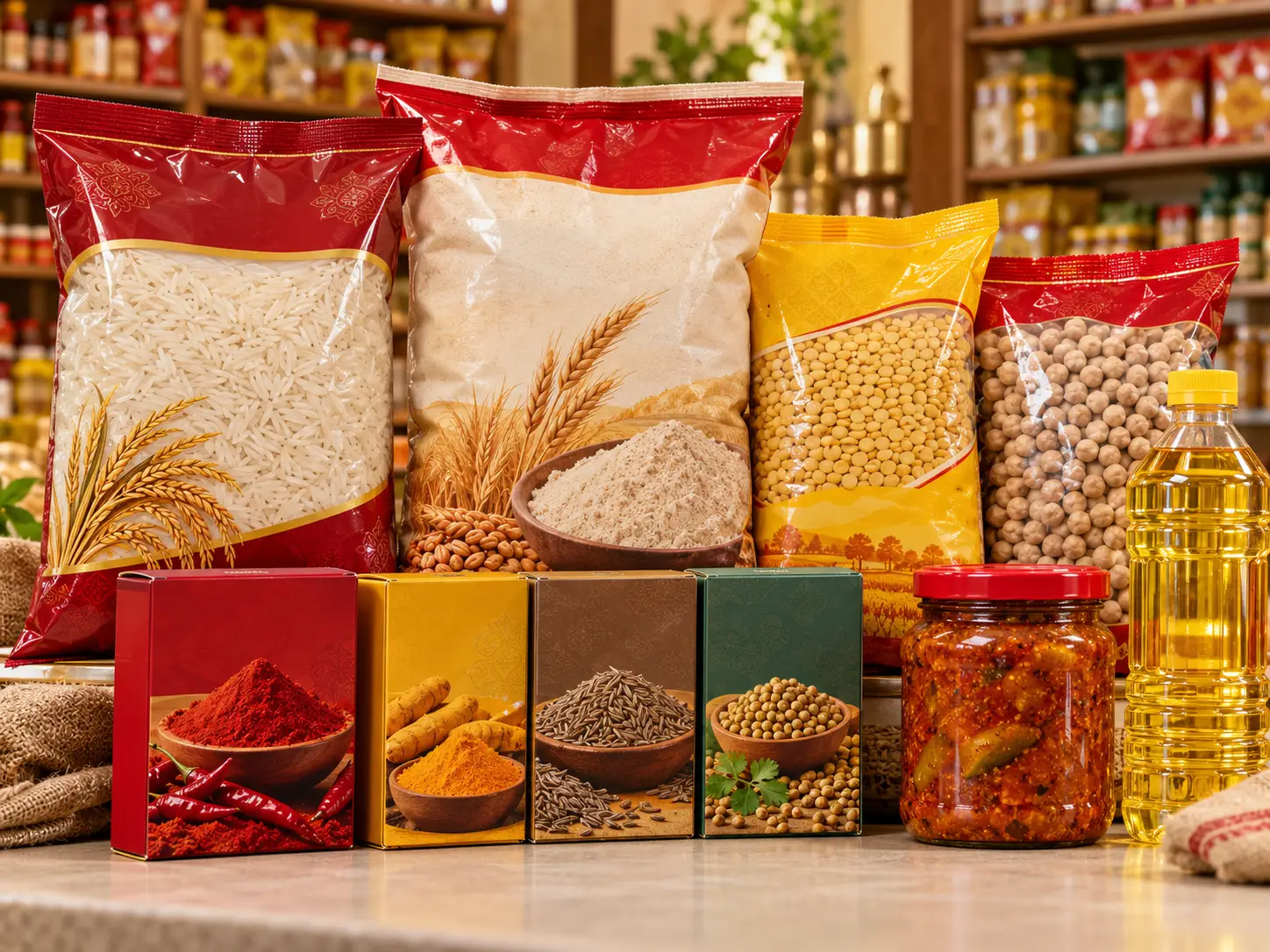 Packaged Indian groceries: rice, flour, lentils, spices and oil